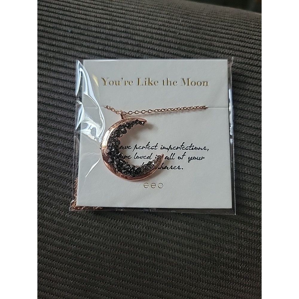 Rose-gold Plated Crescent Moon‎  Pendant Necklace Dark Glittering Crystals boho
